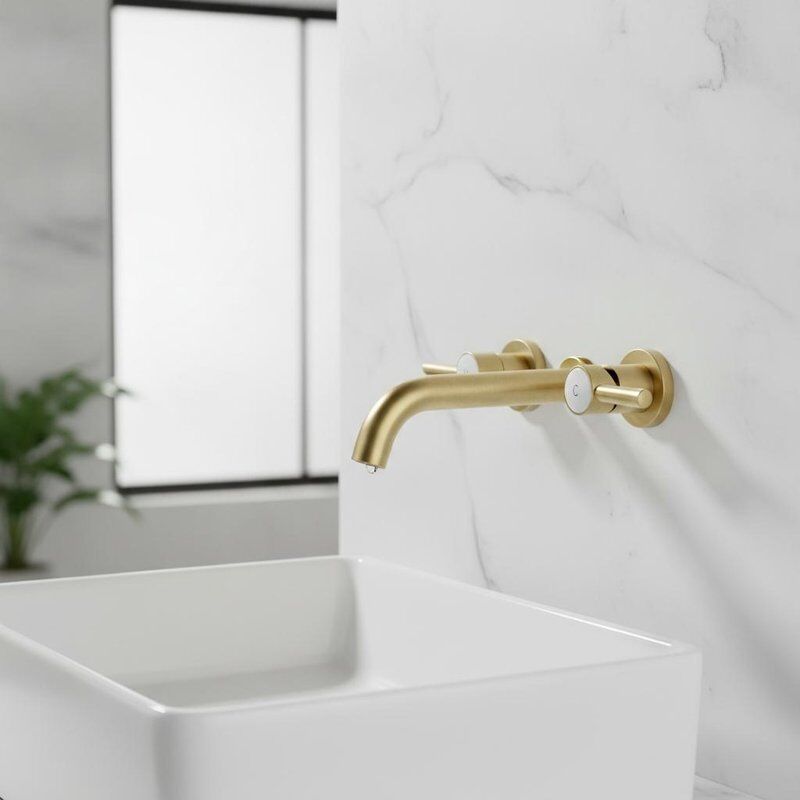 Wall Mounted Brass Basin Faucet Brushed Brass Finish with Ceramic Cartridge Two Hole Installation Design