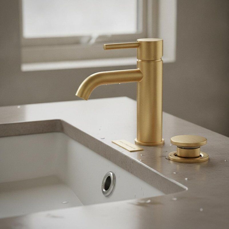 Compact Short Brass Basin Tap Brushed Brass Finish Mini Deck Mount Design with Pop Up Waste Set Space Saving